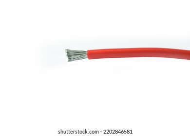 Electrical Conductor With Red Plastic Insulator Isolated On White Background. Cable, Wire On White Background.