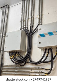 Electrical conduits and junction boxes installed on an industrial wall illustrate a complex system for power distribution and control in a commercial setting