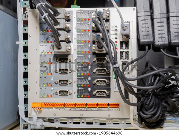 Electrical\
control box with electrical devices\
closeup