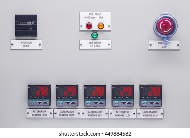 Electrical control panel containing has a digital temperature gauge with an emergency push button switch shutdown .