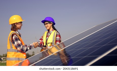 The Electrical Engineer And The Equipment Installer Make An Agreement On The Installation Of Solar Panels. Collaboration On The Allocation Of Alternative Energy, Solar Energy, Renewable Energy