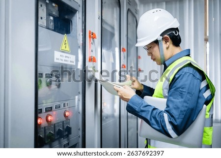 An electrical engineer is performing inspection with control panel inside substation control room ensuring safety and proper operation of equipment