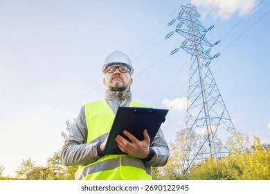 Electrical engineer stands next to power lines. Inspecting power lines. Work for an electricity supplier.