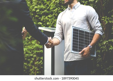 Electrical Engineer Technician And CEO Executive Business People Making Handshake After Meeting. Clean And Green Alternative Energy Concept.