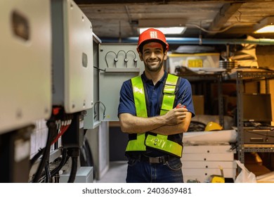 Electrical engineer working in control room. Electrical engineer man checking Power Distribution Cabinet in the control room