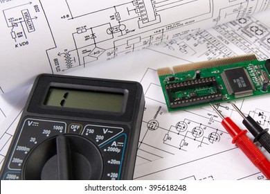 Electrical Engineering Drawings, Electronic Board And Digital Multimeter