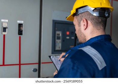 Electrical engineers and technicians work together to solve electrical system failures in industrial control rooms.supervisor maintains the circuit cabinet.