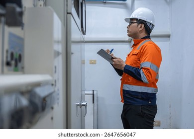 Electrical engineers and technicians work together to solve electrical system failures in industrial control rooms.supervisor maintains the circuit cabinet.