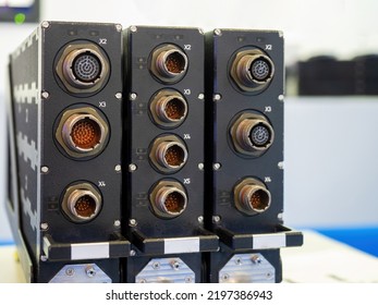 Electrical equipment. Electrical equipment with many connectors. Three black appliances close-up. Blocks for automation or equipment control. Connectors for connecting to industrial appliances - Shutterstock ID 2197386943