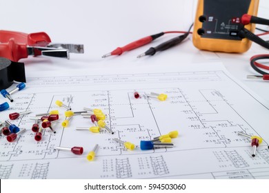 Electrical Equipment On White Background With Schematics