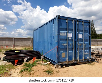 The Electrical Equipment Storage Container And HDPE Pipes For Substation Construction At The Site.