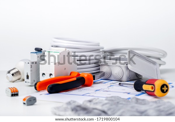 Electrical equipment and tools for\
repair of electric home systems. Electricity\
concept.