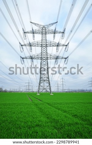 Electrical grid. A lot of high-voltage power line, transmission tower overhead line masts, high voltage pylons as power pylons on the fields