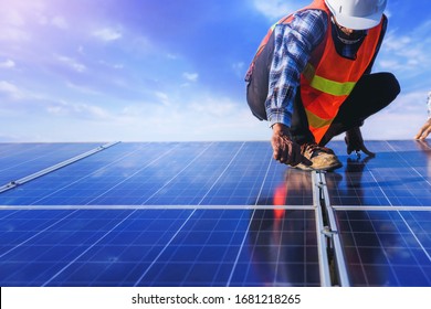 Electrical, Instrument Technician Use Wrench For Fix And Maintenance Electrical System At Solar Panel Field