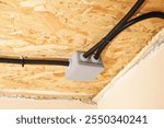 Electrical Junction Box, Grey Thermoplastic, wiring on wooden Ceiling of room. Home Electrical System.