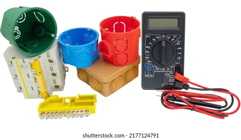 Electrical modular circuit breaker, digital multimeter and plastic electrical junction boxs on white background - Shutterstock ID 2177124791