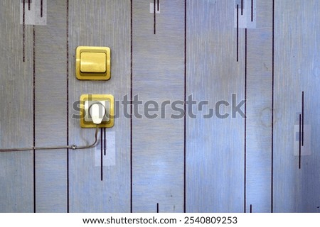 Electrical outlet and switch. Wall with old purple wallpaper.