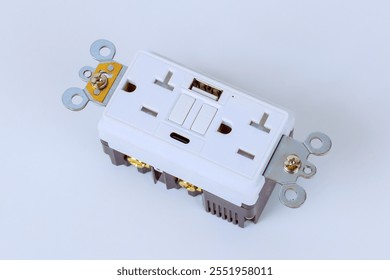 Electrical outlet unit features multiple plug options, including USB charging ports, designed Self Test GFI for modern home convenience versatility electrical