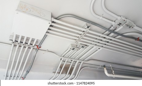 Electrical pipe and junction box on ceiling.