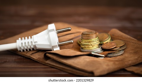 Electrical plug with a wallet and euro money coins. Saving energy, electricity, save power or energy crisis banner. - Shutterstock ID 2201329829