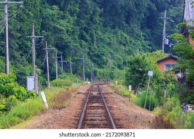 Electrical Poles Line Railroad Tracks Next To Lush Green Hillside