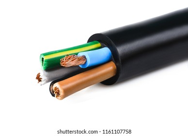 Electrical power cable on white background. Copper wire is the electric conductor of urban society.