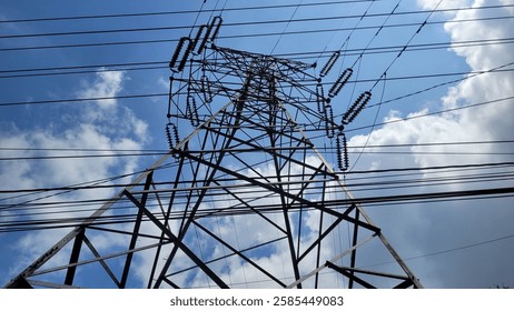 Electrical power line towet shoot from below with clear cloudy blue sky