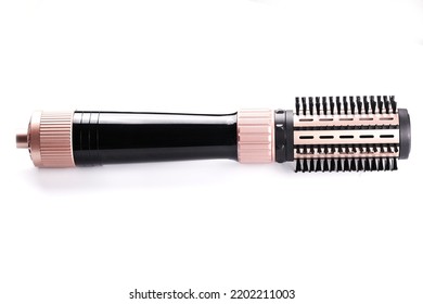 Electrical round brush hair dryer. Thermal and ceramic coating hair styler rotating brush, hairdressers tool closeup isolated on white background - Shutterstock ID 2202211003