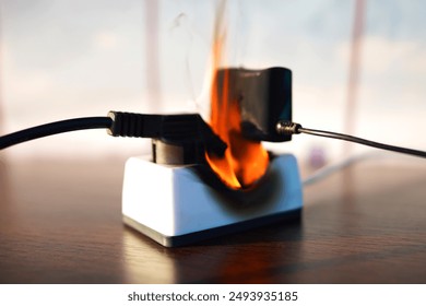 Electrical Short Circuit. Burning socket. Outlets, plug in fire. Short circuit in Overloaded Electrical Plug Socket. Fire socket of electricity plug switch. Burned plug with electric splitter.