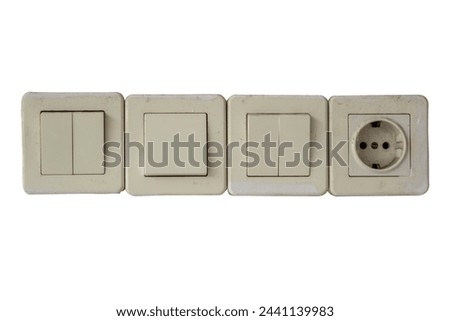 Electrical sockets and a switches isolated on white background. Electrical port. On and off switches. 