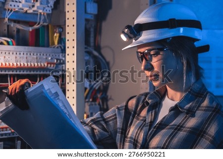 Electrical specialist analyzing power system blueprint near control panel. Technical inspection.