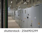 Electrical switch gear cabinets inside medium voltage room in manufactruring plant selective focus