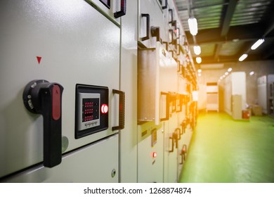 Electrical Switch Gear,Digital Meter At Low Voltage Motor Control Center Cabinet  In Coal Power Plant. Blurred For Background.