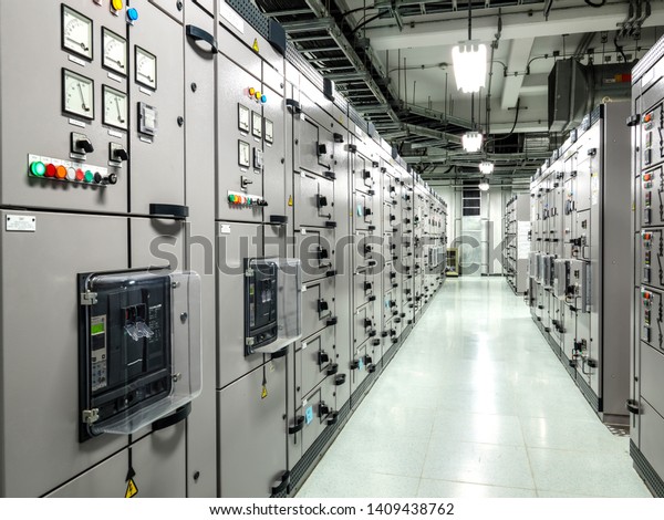Electrical switchgear, Industrial electrical switch\
panel at substation in industrial zone at power plant with closed\
up high resolution 50M pixel concept which customer can use for\
large file.