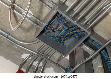 Electrical system in conduit wires on box, tools craftsman for electrician maintenance, handyman,