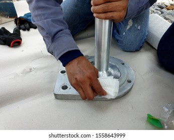 Electrical Team Supervisor Cleaning The Point Of Gas Leakage (SF6) Area Of Terminal Pad Mounting Plates Of Porcelain Bushing Of 115 KV Hybrid Switchgear