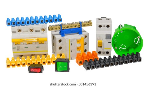 Electrical tools and component kit to use in electrical installations on white background
