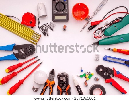 Electrical Tools and Components on White Background.