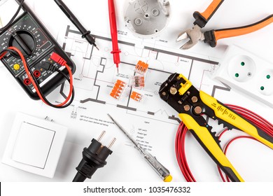 Electrical Tools And Equipment On Wiring Circuit Diagram. Top View