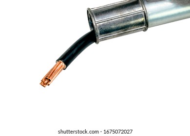 electrical wire in metal conduit on isolated white background tools set craftsman  for electrician maintenance or handyman building 