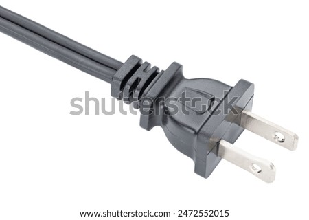 Electrical Wire with Power plug. Black rubber Cord or cable with plug. United States and Canada, national standards voltage 110V - 120V Electrical repairs shop. Replacements parts. Isolated background