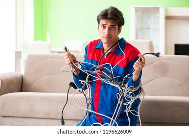 Electrician Contractor With Tangled Cables