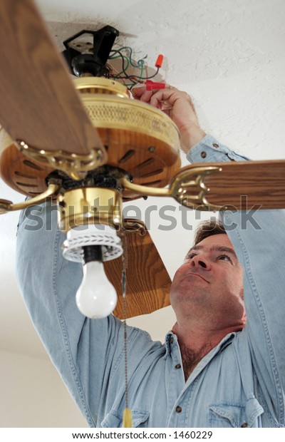 Electrician Disconnecting Wires Old Ceiling Fan Stock Photo Edit