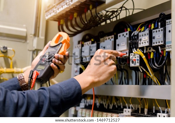 Electrician Engineer Work Tester Measuring Voltage Stock Photo ...