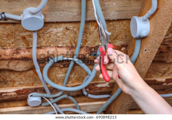 Electrician Hand Pliers During Install Mount Stock Photo Edit Now