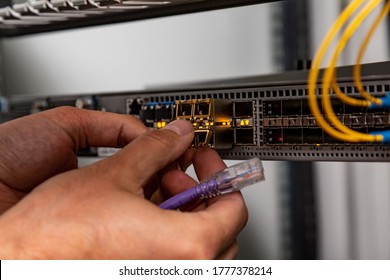 The Electrician Inserts The SFP Module Into The Router And Holds The Patch Cord. Hands In The Frame. Small Form-factor Pluggable Transceiver. Horizontal Orientation. 