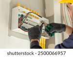 An electrician inspects the electrical wiring in an new home, upgrading the system to meet current safety standards.