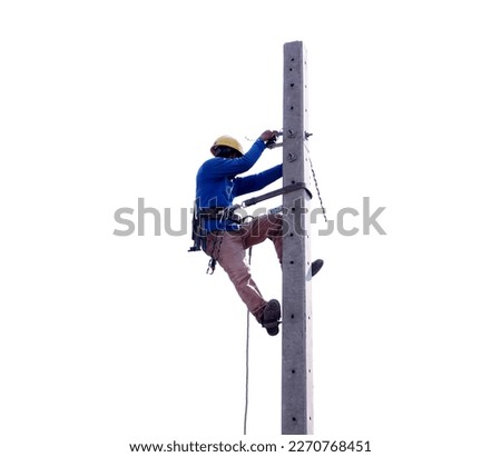 Electrician installing wires on power pole, Work workers on electric poles. isolated on white background.                     