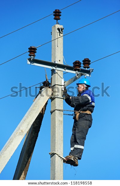 Electrician Lineman Repairman Worker Climbing Work Stock Photo (Edit ...