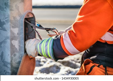 Electrician. Man Fixing Electricity Street Pole. LED Light.  Industrial And Commercial LED Light For Street Pole. LED Light Lamp Stock Photo